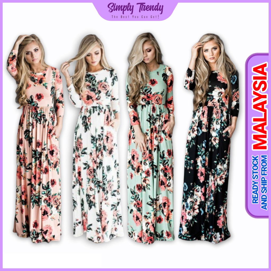 Long Sleeve Floral Pregnant Woman Loose Maxi Dress Maternity Dress Baju
