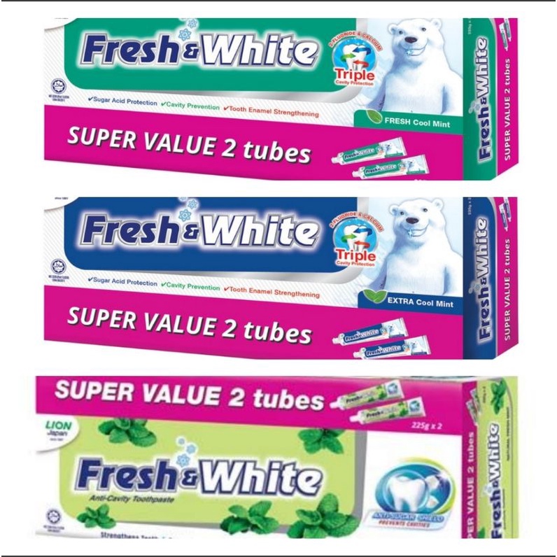 [CHEAPEST] Fresh & White Toothpaste Fresh Cool Mint/Extra Cool Mint/Natural Fresh Mint 2 X 225g