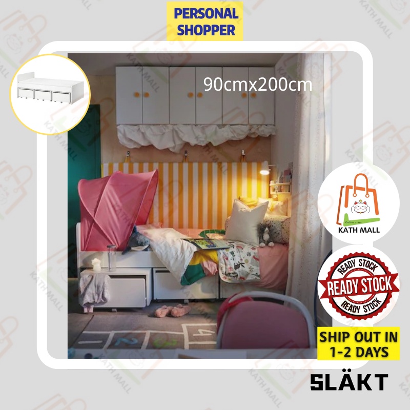 IKEA SLÄKT Bed frame with 3 storage boxes, white 90x200 cm I Rangka ...