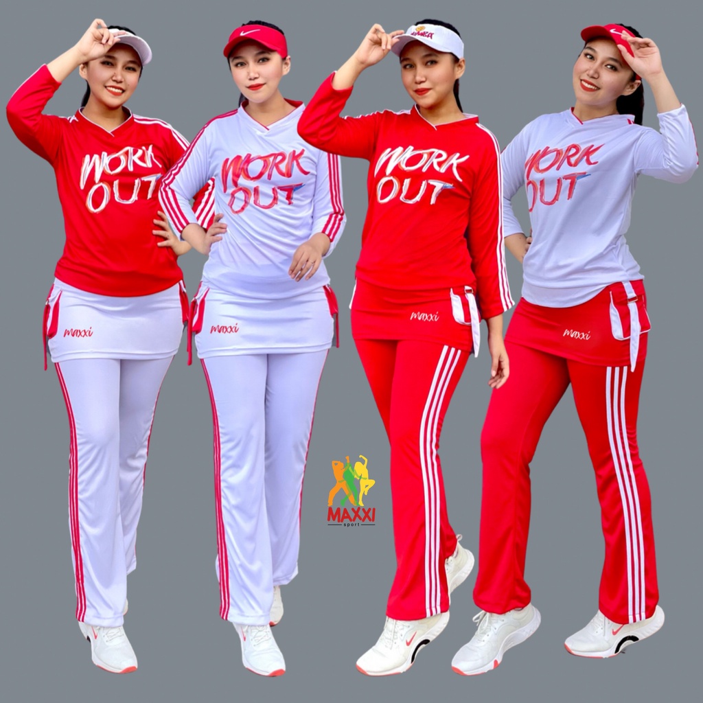 PUTIH MERAH Red And White Gymnastics Suit Long Workout Skirt Set