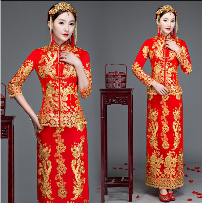 S~3XL 秀禾服龙凤裙褂 Baba Nyonya Chinese Traditional Embroidered Tea Ceremony Long Feng Qun Kwa Dress