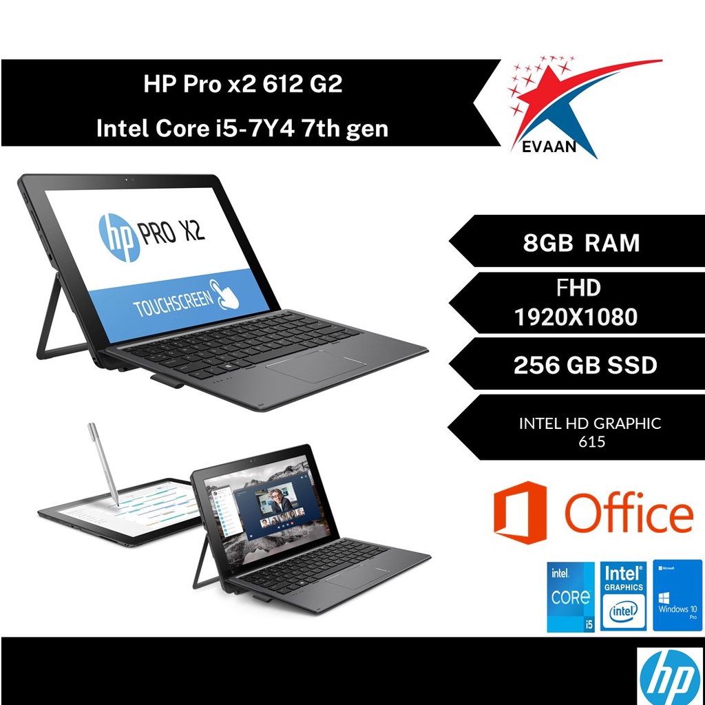 HP Pro x2 612 G2 Intel Core i5 7th Gen 8GB RAM 256 GB SSD 12" Touchscreen Full HD Detachable