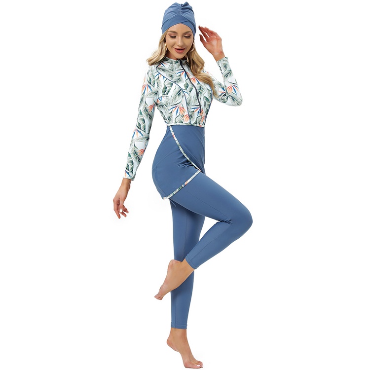 2022 Newest Muslim Swimwear Women Modest Patchwork Hijab Sport Swimsuit 