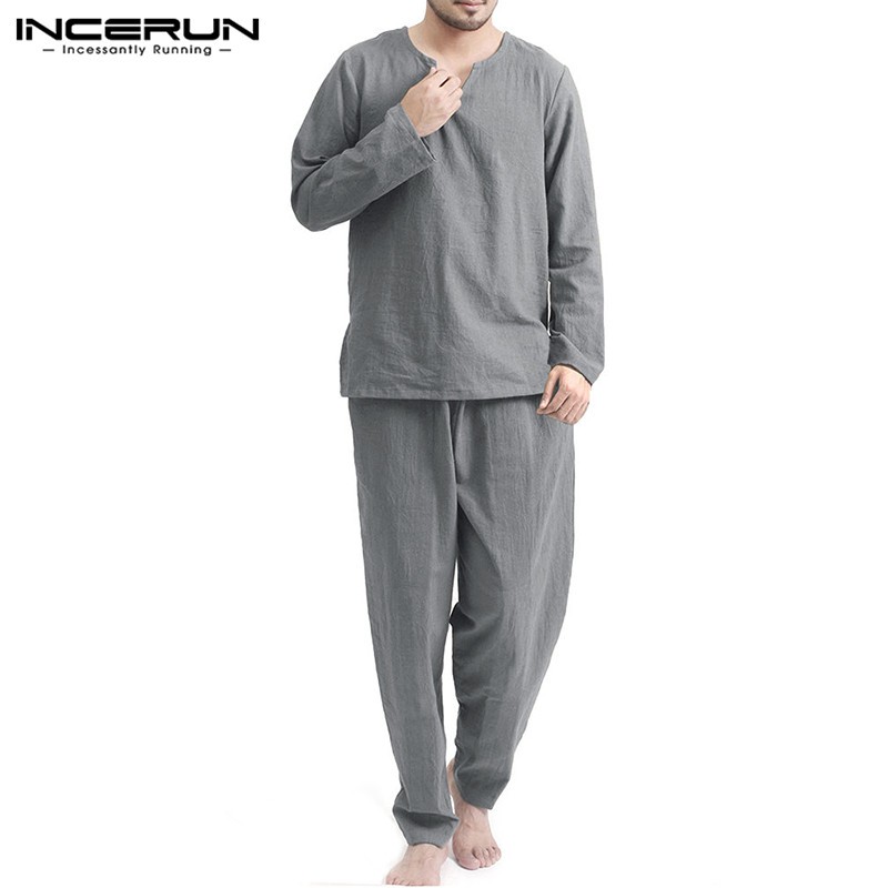 Incerun Mens Casual Long Sleeve Topplain Pants Loose Homewear Pajamas Set Shopee Malaysia