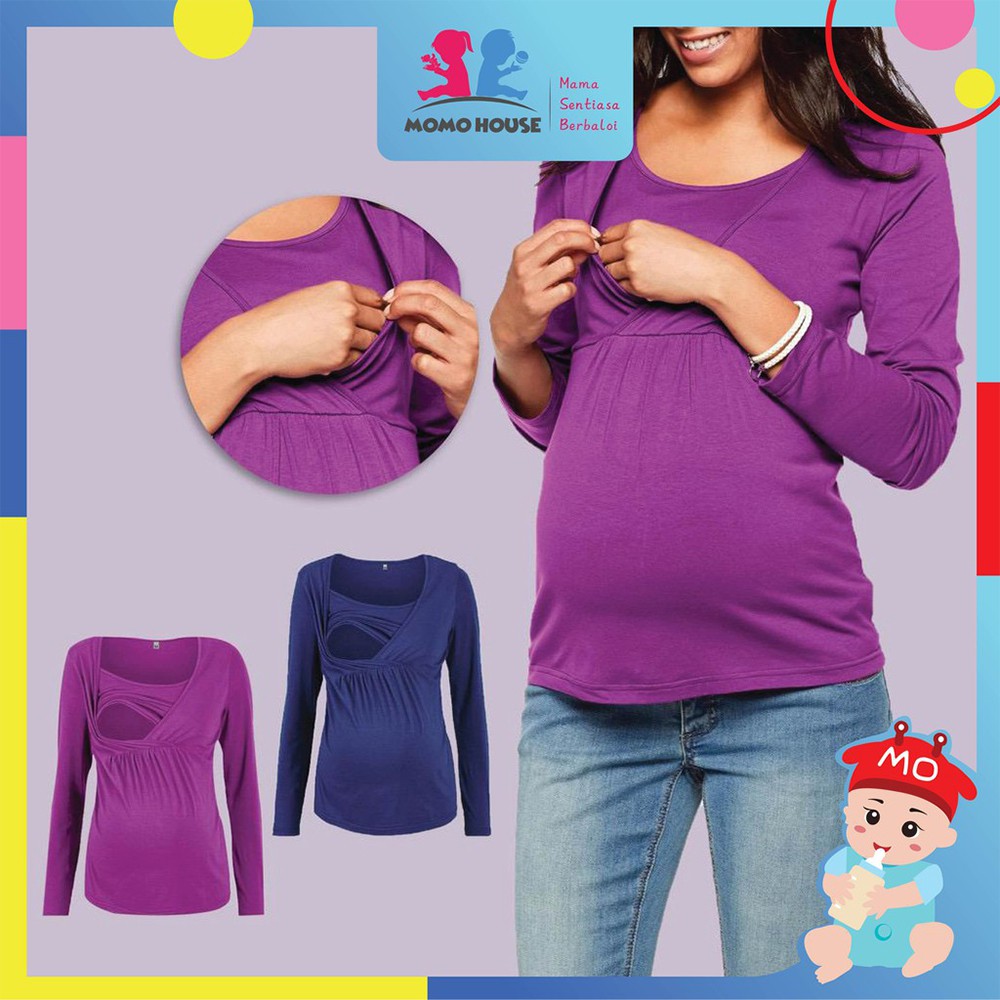 Maternity Blouse Breastfeeding Long Sleeve Front Opening Feeding Nursing  Blouse Pregnant (MBLF)