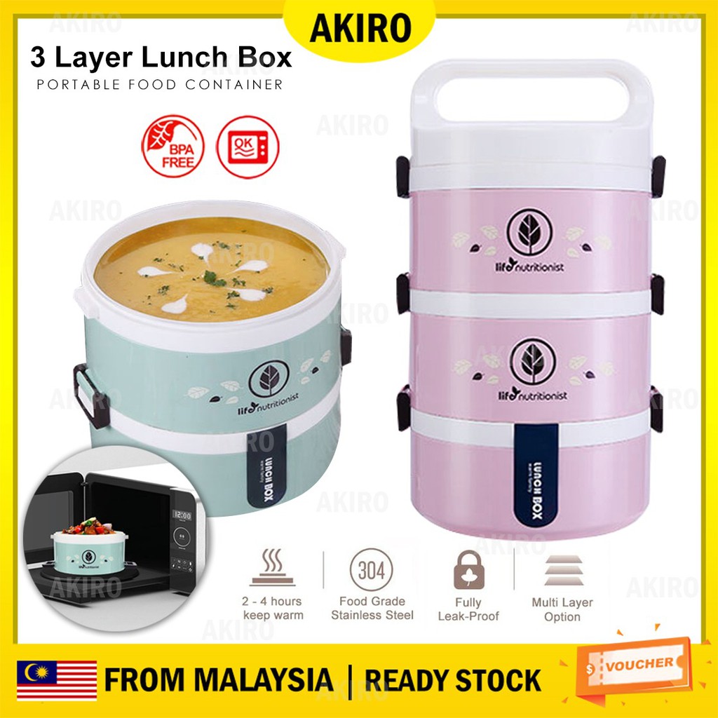 Akiro 3 Layer Portable Insulated Thermal Lunch Box Microwave Lunch
