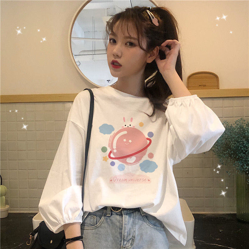 Korean Long Sleeve Loose Shopping Leisure T shirt Women Oversize Fashion Teenagers Cartoon Pattern Puff Sleeve Tops Pakaian Murah Shopee Malaysia