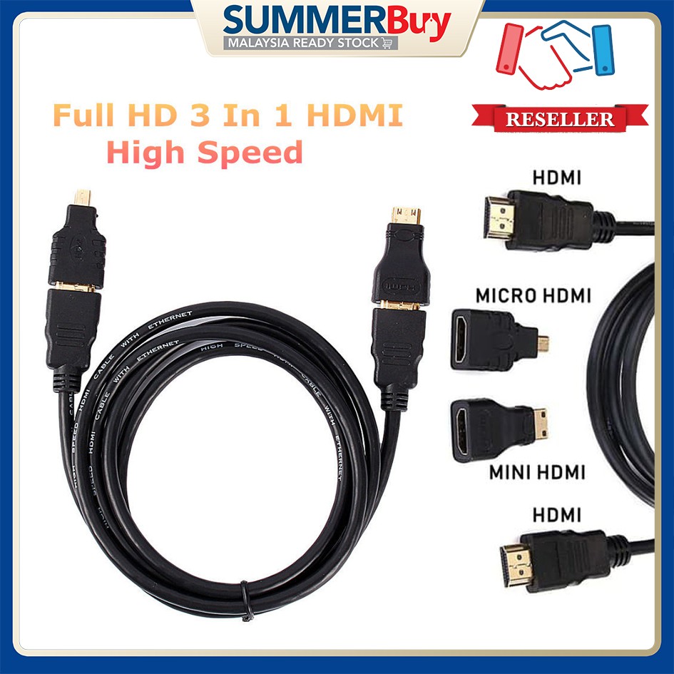 Projector 3in1 3 in 1 HDMI Cable + Adaptor Converter to Micro Mini HDMI ...