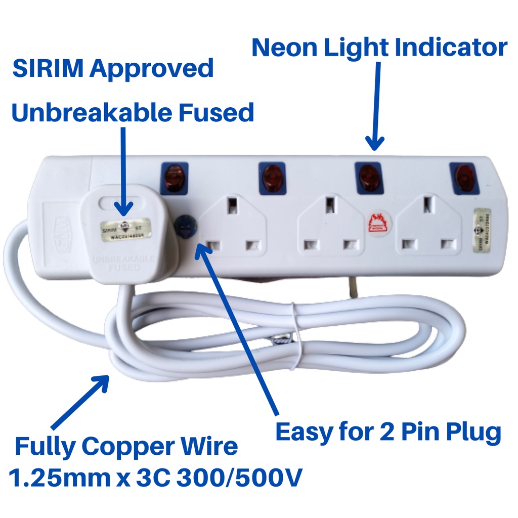 Trailing Socket 4 Gang 2M Extension w Neon Plug Adaptor/ Penyambung ...