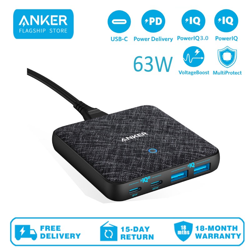 Anker A2046 USB C Charger,(63W II), PIQ 3.0 & GaN 4-Port Slim Fast Wall ...