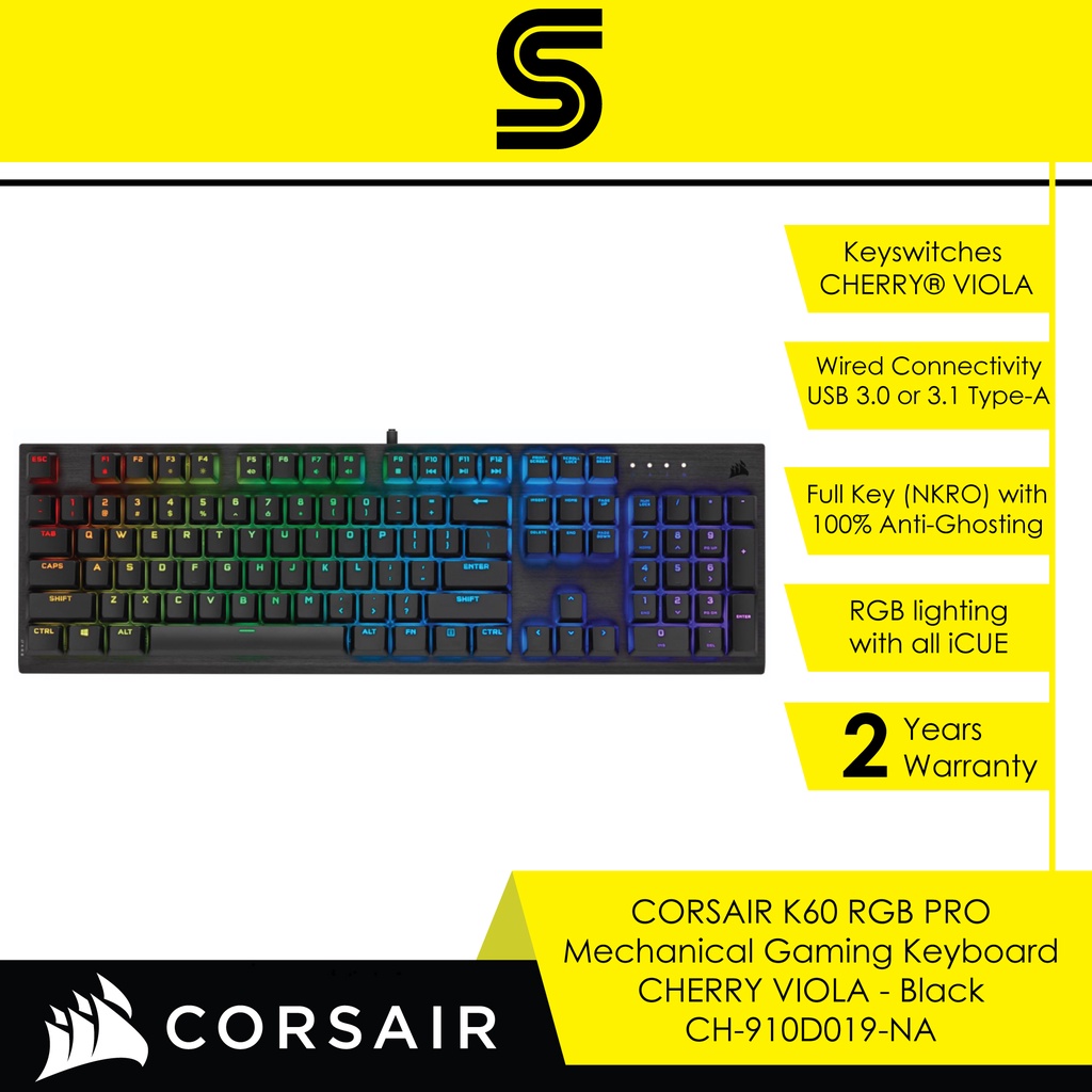 CORSAIR K60 RGB PRO Mechanical Gaming Keyboard CHERRY VIOLA - Black ...