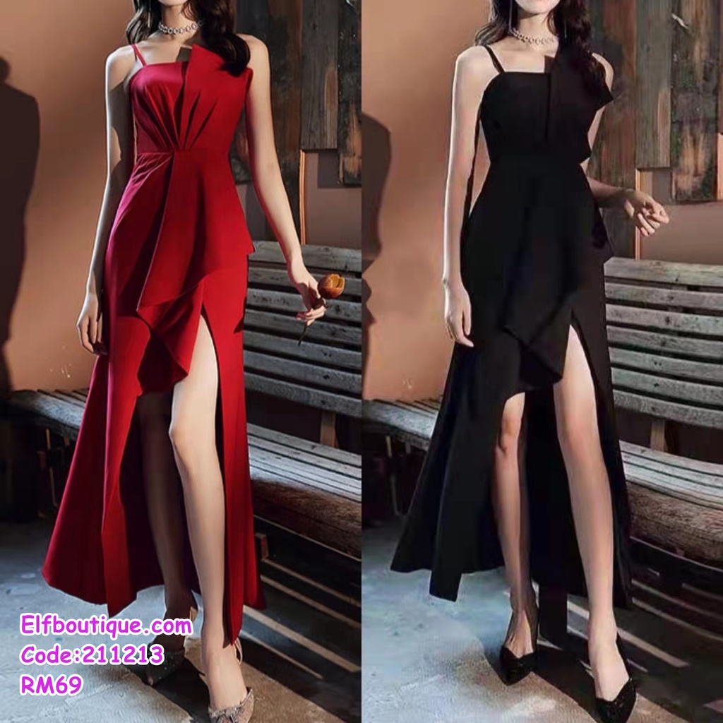 READY STOCK Woman Sleeveless Elegant Irregular Design Open Slit Sexy Prom Party  Dress Red/Black 211213