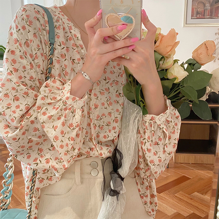 Korean Fashion Women Floral Chiffon Balloon Sleeve Casual Tops Blouse Shirts