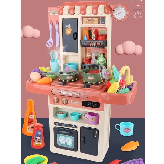 Kitchen Pretend Play Set Spray Mist Music Light Cooking Toys for