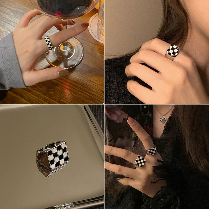 Fashion Adjustable Heart-shaped Ring Metal Black and White Checkerboard ...