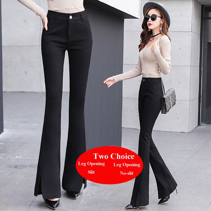 Slit Front Black Flare Pants for Women Trousers Korean Style Casual Office  Lady High Waist Long Bell Bottom Suit Trousers - AliExpress