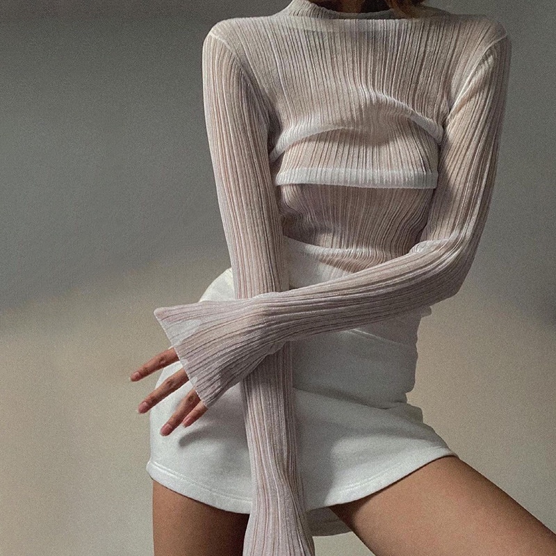 Fall Elegant See Through Long Sleeve Mock Neck Women Tops Fashion