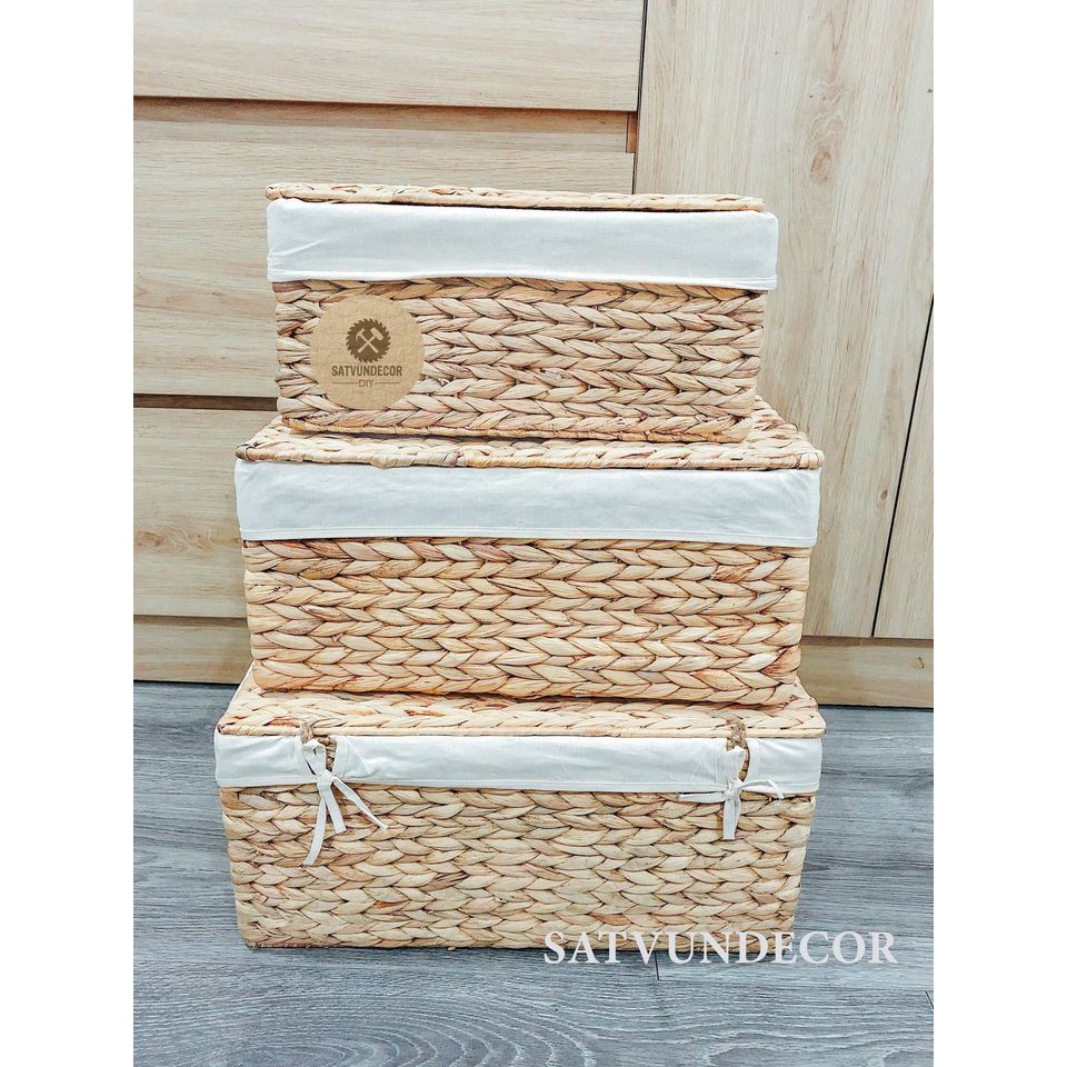 Rectangular Hyacinth Basket With Lid, With Fabric Lining 3 Sizes S, M