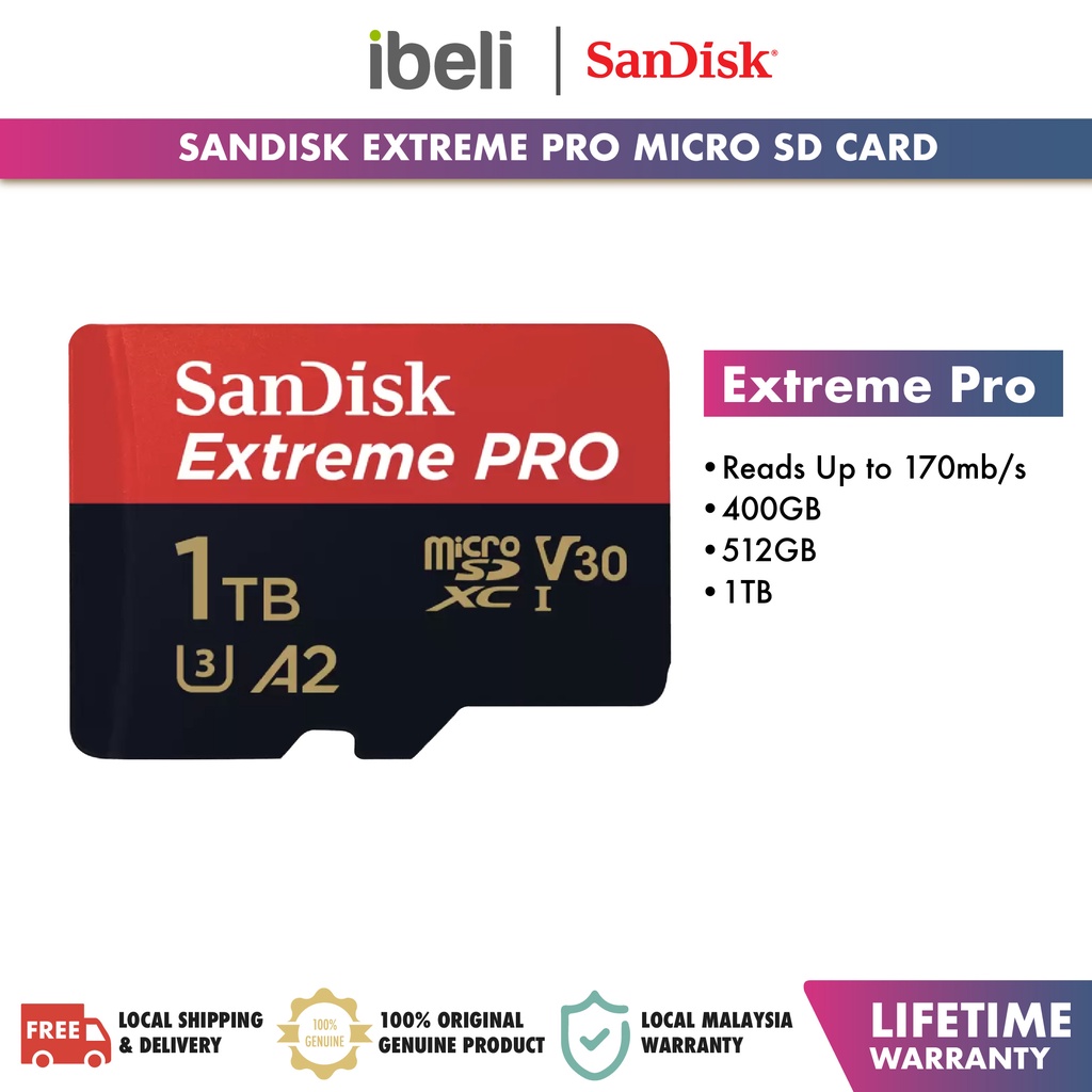SanDisk Extreme PRO 1TB A2 170MB/s MicroSDXC Memory Card (400GB/512GB/1TB)  SDSQXCZ-1T00-GN6MA