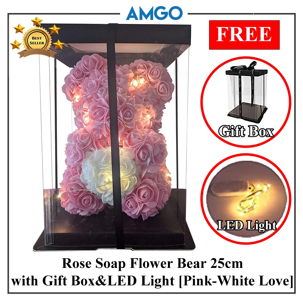 AMGO 🌹 Rose Soap Flower Bouquet 25cm Teddy Bear Gift Box LED 小熊玫瑰香皂花束礼盒 ...