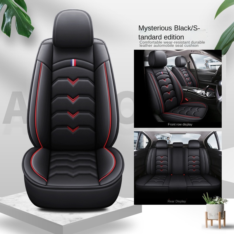 Soillar 5-Piece Full Set Leather Seat Covers For Chevrolet – Black With Red Stitch, PU Leather