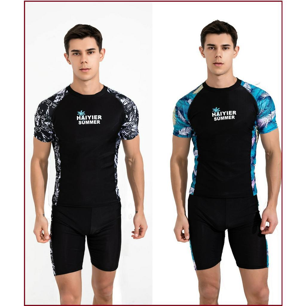 New 2 Pieces Men Surf Swimming Suit Short Sleeve Top Shorts Sport Set