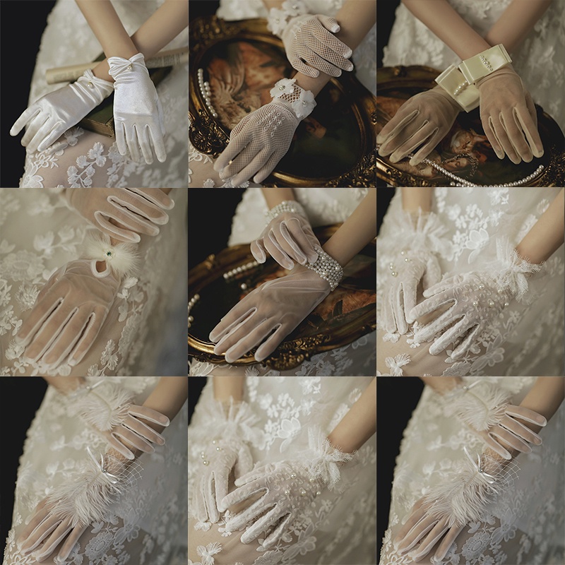 White Satin Wedding Dress Gloves Short Elegant Petal Pearl Bow Mesh ...