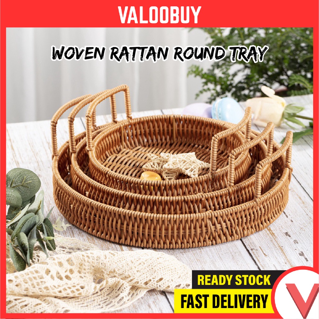 Hand-Woven Rattan Double Ears Round Tray Storage Table Decorative ...