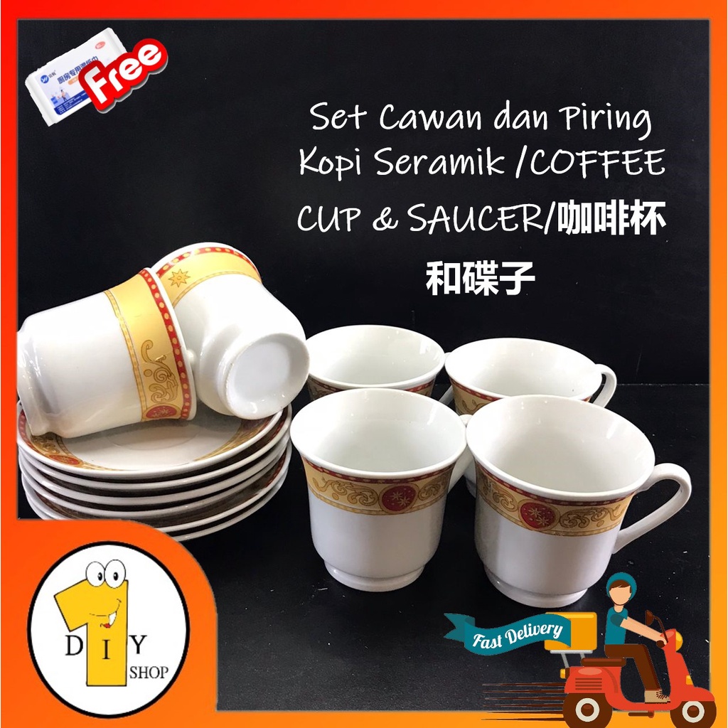 6PCS Set Cawan dan Piring Kopi Seramik Putih/COFFEE CUP & SAUCER/咖啡杯和碟子 ...