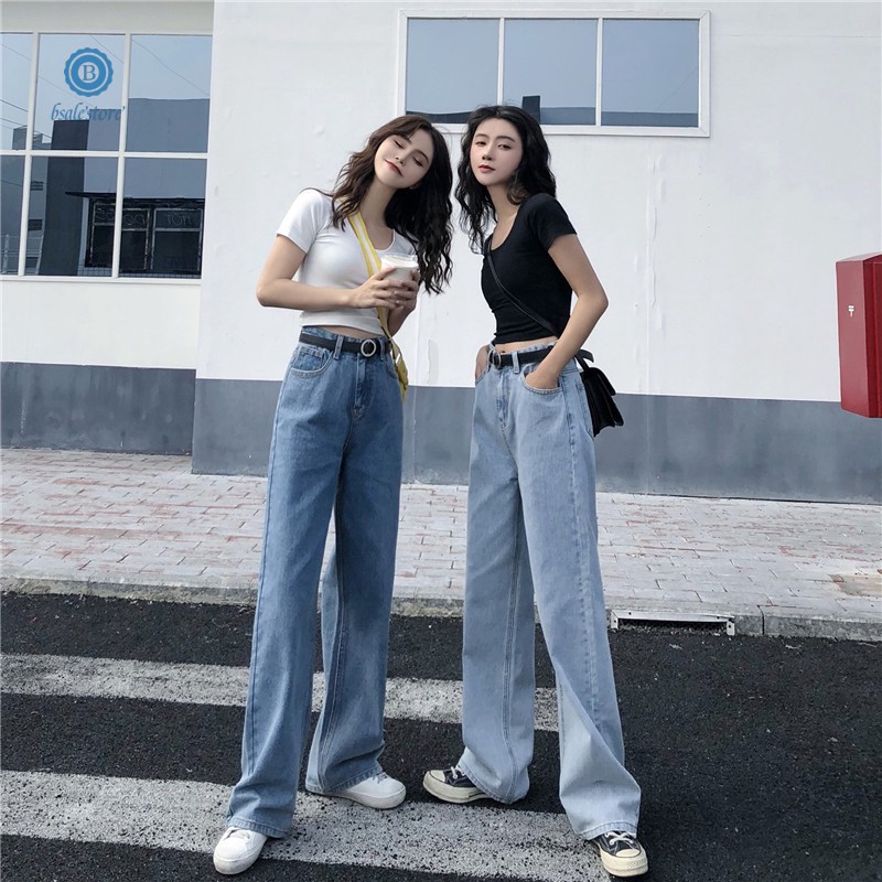 Denim Trousers Korean Fashion High Waist Jeans Loose Straight pants Denim  Long Pants