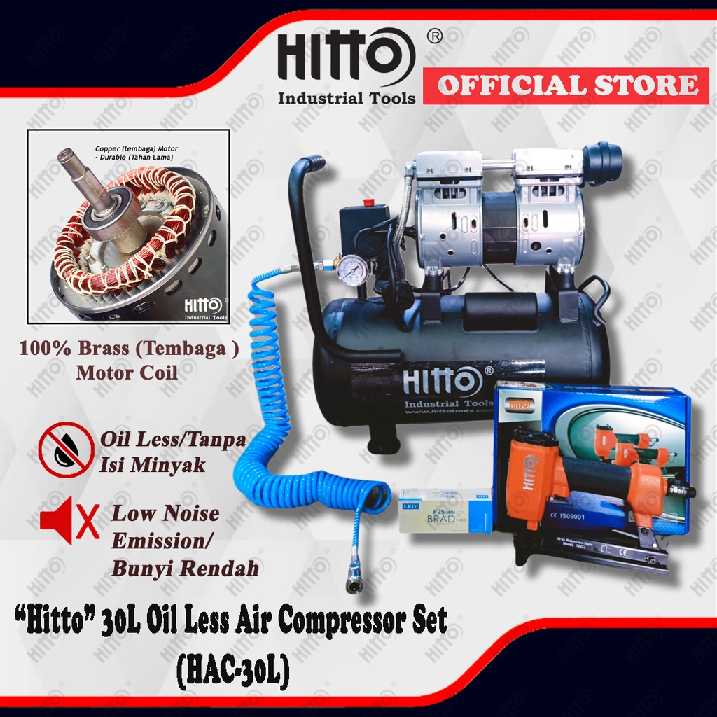 [100%] Hitto 30L Air Compressor Nailer Gun Set Oil Less 100% Brass ...