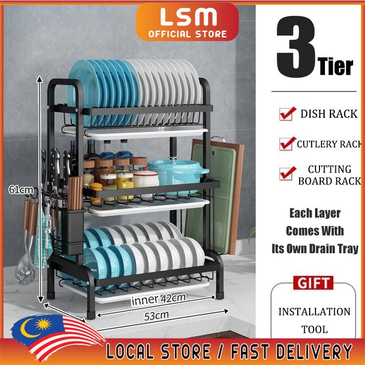 LSM 3 Layers Stainless steel kitchen dish rack With Knife & Cutting ...