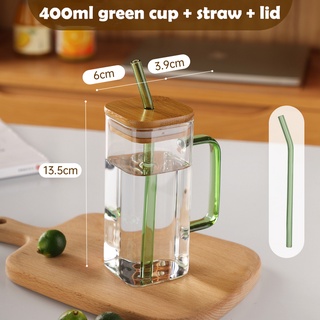 400ml Square Glass Cup With Bamboo Lid and Straw High Temperature  Transparent Coffee Cold Wine Cola Juice Water Glass Household