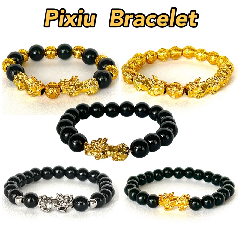 Pixiu Agate Gold Plated Dragon Head Glossy Beads Bracelet- Gelang Naga ...