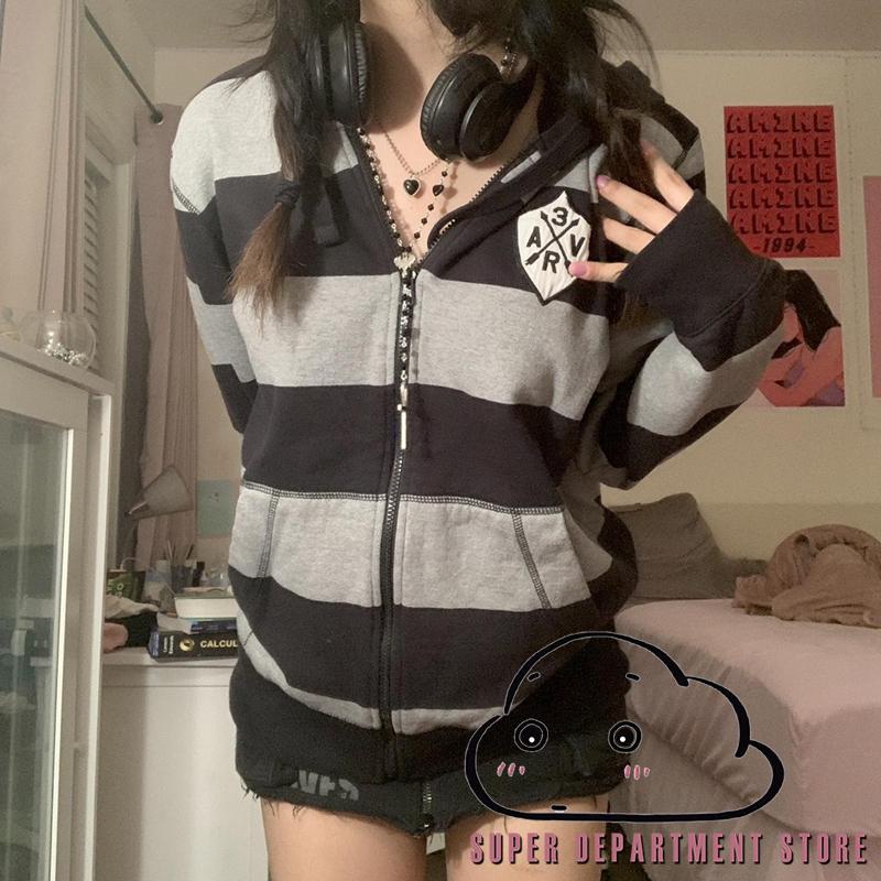 CEINOM Kawaii Bunny Oor Gestreepte Lange Mouw Hoodies Vrouwen Harajuku Y2k Zip Up Sweatshirts Leuke Stijl Herfst Winter Hoodies, Grijs, M