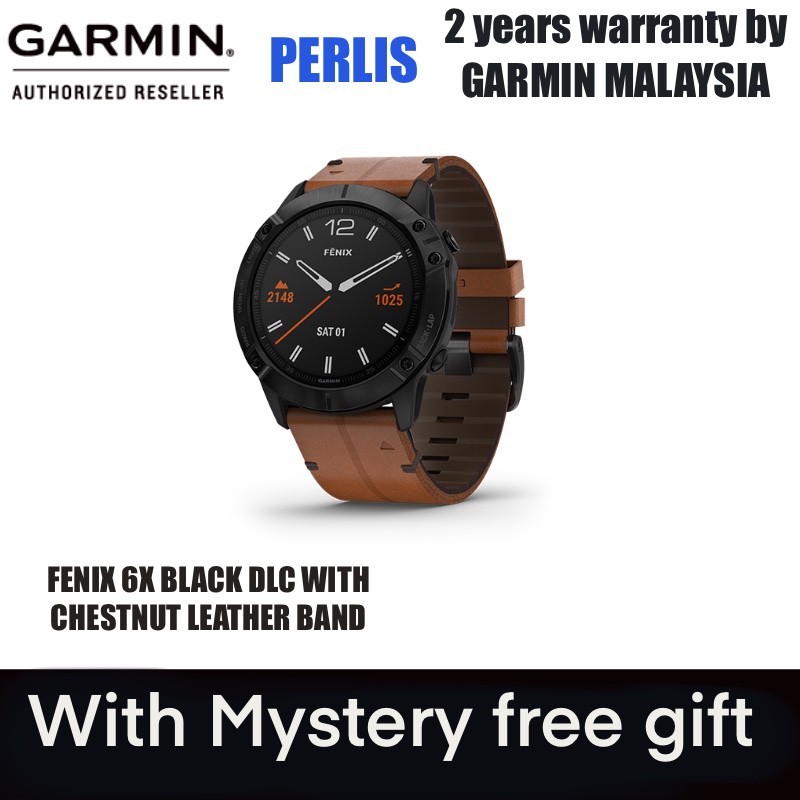 GARMIN FENIX 6X SAPPHIRE BLACK DLC WITH CHESTNUT LEATHER BAND