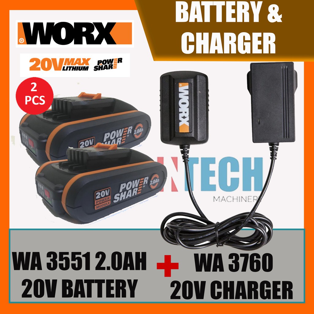 WORX WA3551 20V 2.0AH BATTERY 2PCS WA3760 CHARGER Shopee