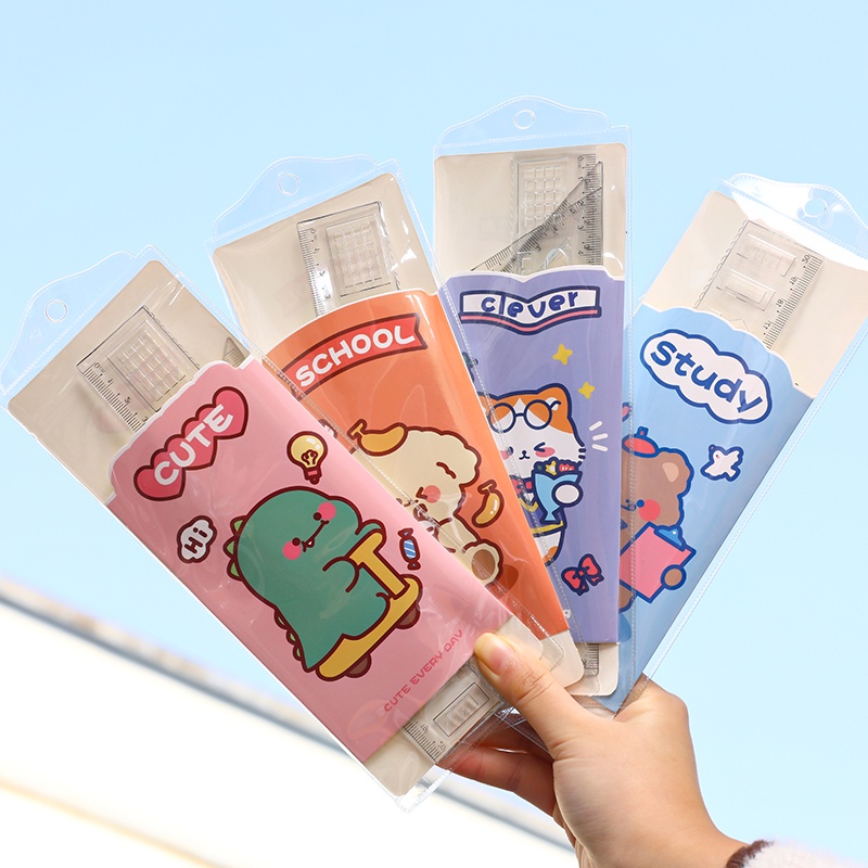 4 Pcs Cartoon Transparent Ruler Set Student Straightedge/Protractor ...