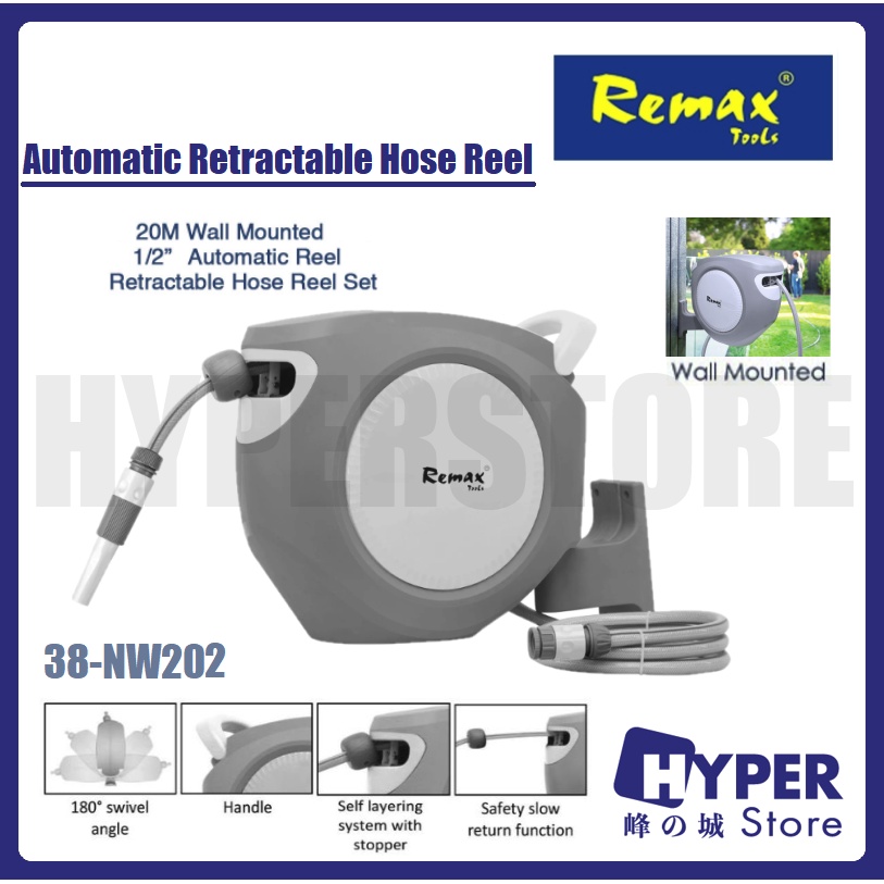 REMAX | SANIWARE 20m Auto Retractable 1/2 Garden Hose Reel / Auto Rewind  Wall Mount Water Pipe / Automatik Getah Pipe