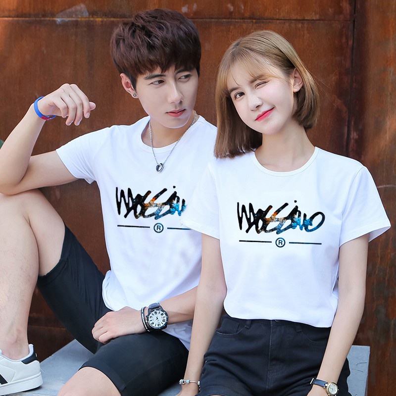 Couple T Shirt Set for Lover Women and Men Summer Short Sleeve Top O Collar  Pattern Print Valentine's Day Gift baju t pasangan WHITE Int:S