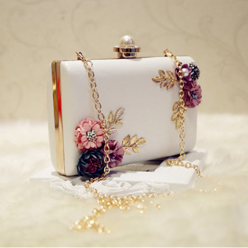 Women Evening Bag Dinner Party Wedding Flower Clutch Purse white