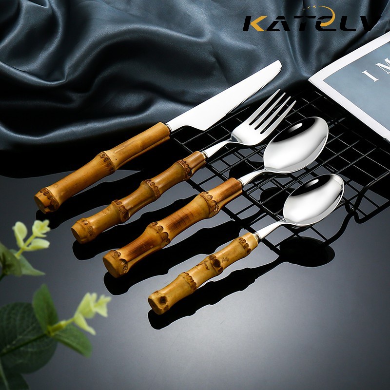 Bamboo Handle Stainless Steel Cutlery Set Wooden Spoon and Fork Set ...