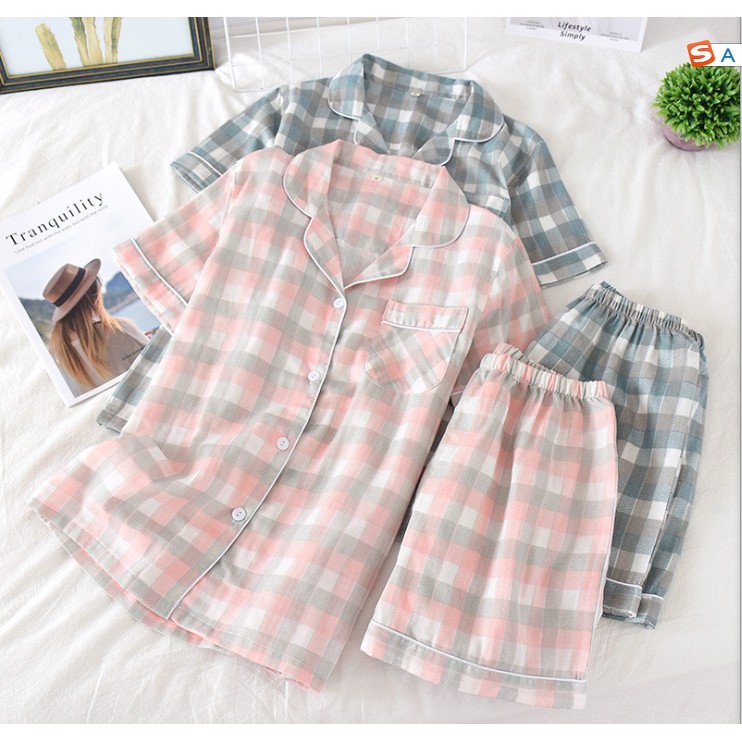 [Ready Stock] Women & Men Pure Cotton Gauze Short Sleeve Shorts Pajama ...