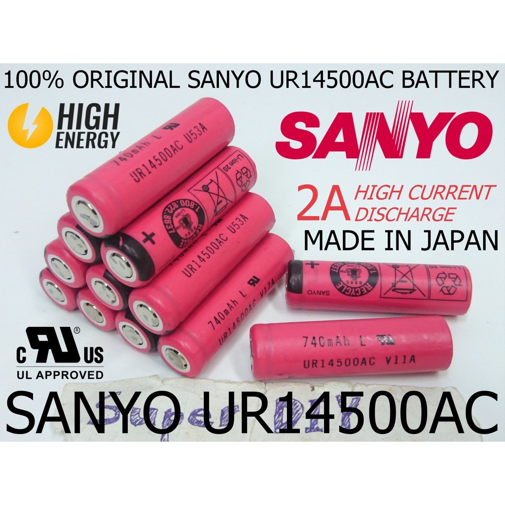 SANYO UR14500AC 3.7V 4.2V 740mAh 14500 High capacity energy 2A ...