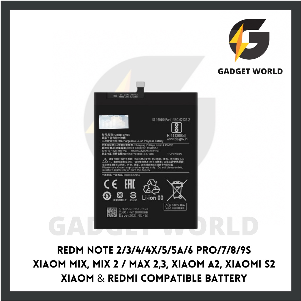 GADGET WORLD [ READY STOCK] Redm Xiaom Compatible Battery-REDM NOTE 2/3 ...
