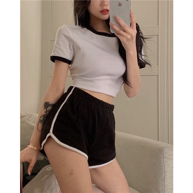 Short Sleeve Crop Top Stretchable Pants Set Wear Shopee Malaysia