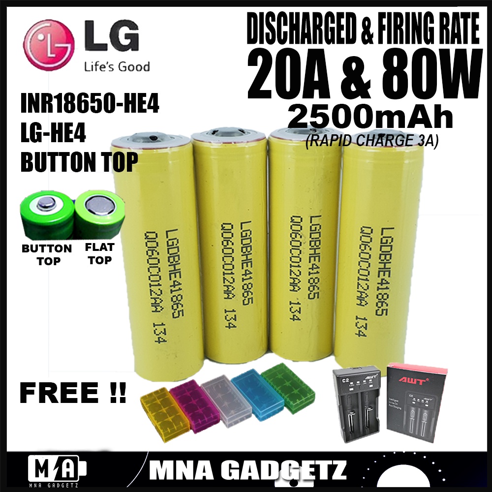 LG HE4 INR18650 2500mAh 20A Button Top Original Lithium Ion Battery ...