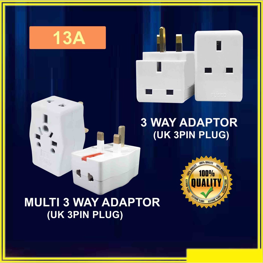 13A 3 Way Adapter Multiple Adapter 3 Gang Pin Socket Plug Switch Multi ...