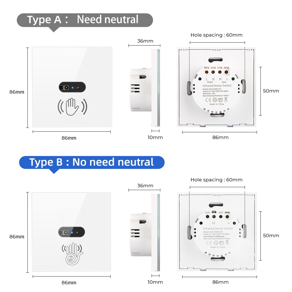 SMATRUL No Neutral Wire IR Wall Light Switch Wave Infrared Sensor No ...