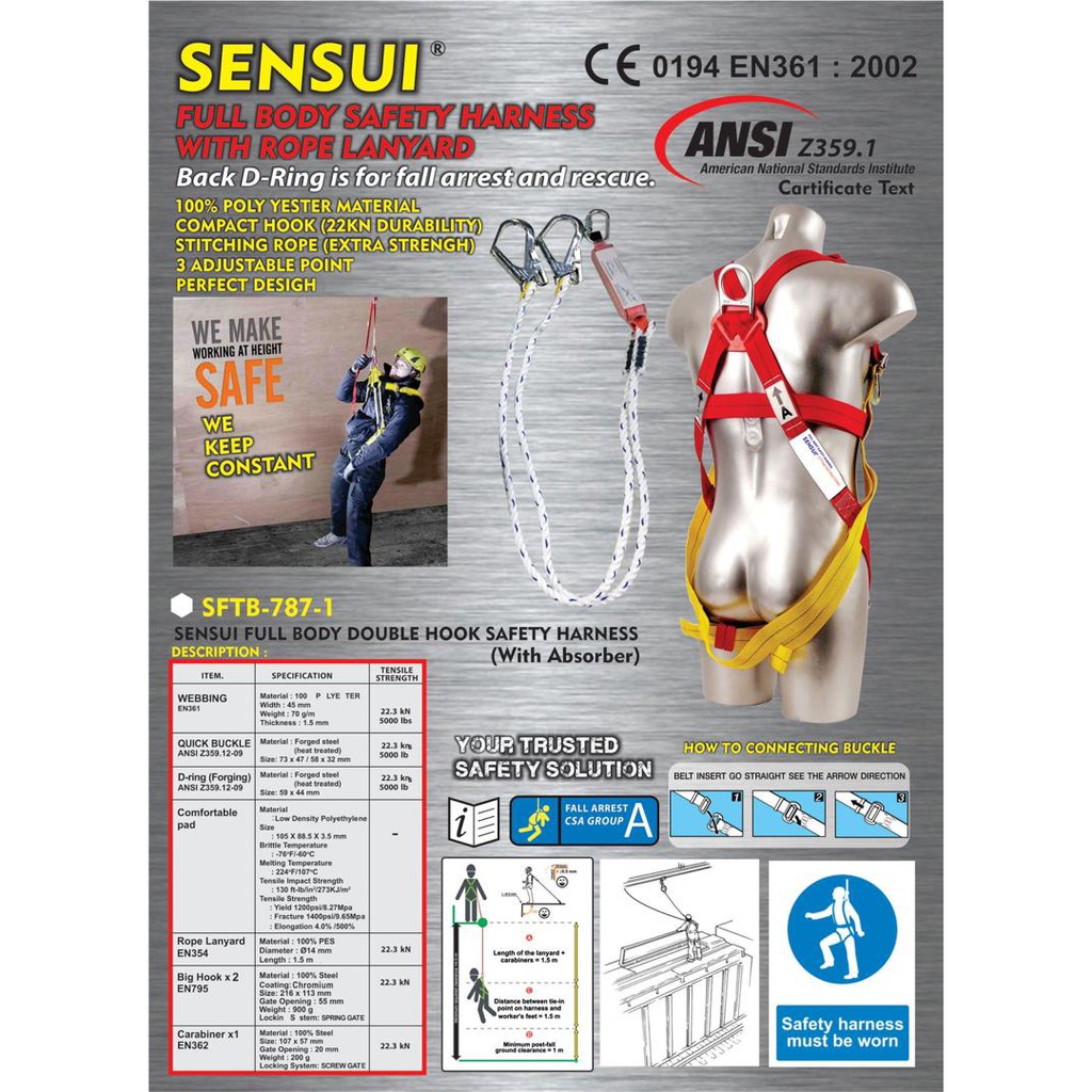 SENSUI FULL BODY SAFETY HARDNESS WITH ROPE LANYARD & DOUBLE BIG HOOK ...